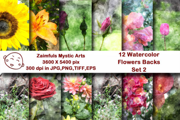12 Watercolor Flower Backs Mix & Illustrations