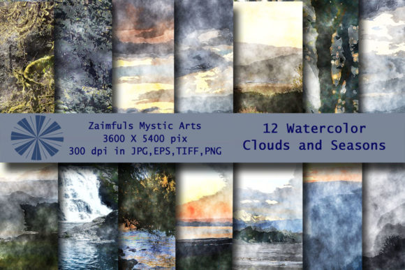 14 Watercolor Clouds and Seasons Backs Illustrations