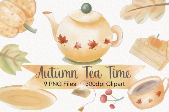 Autumn Tea Time Watercolor Clipart, Png and Illustrations