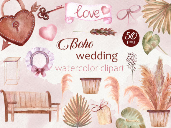 Boho Wedding. Watercolor Clipart