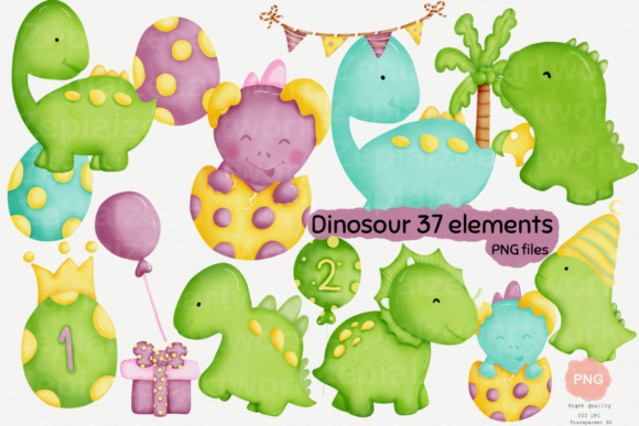 Dinosaur Birthday Clipart Watercolor Illustrations