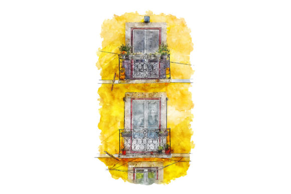 French Balcony Artwork Watercolor Illustrations