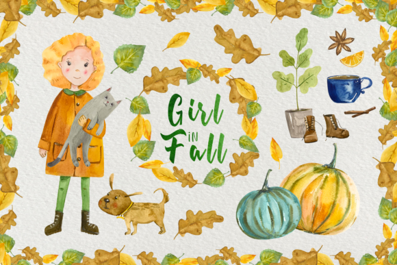 Girl in Fall Watercolor Clip Art Set and Illustrations