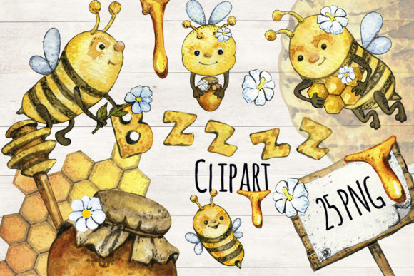 Honey Bee Clipart Png Set Watercolor Illustrations