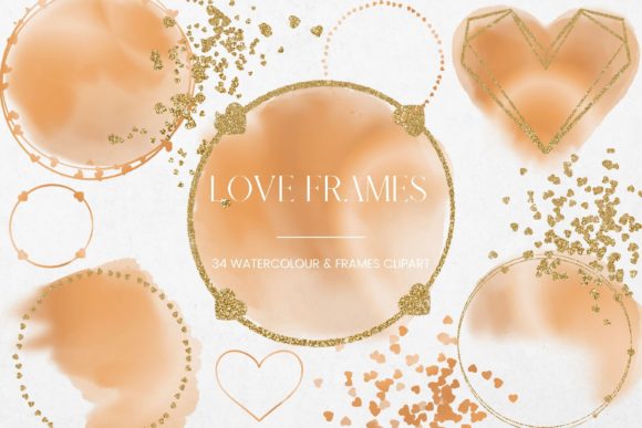 Orange Watercolor Gold Heart Frames Illustrations