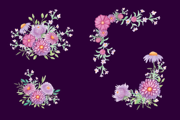 Set Flowers Lilac Arrangement Watercolor Illustrations