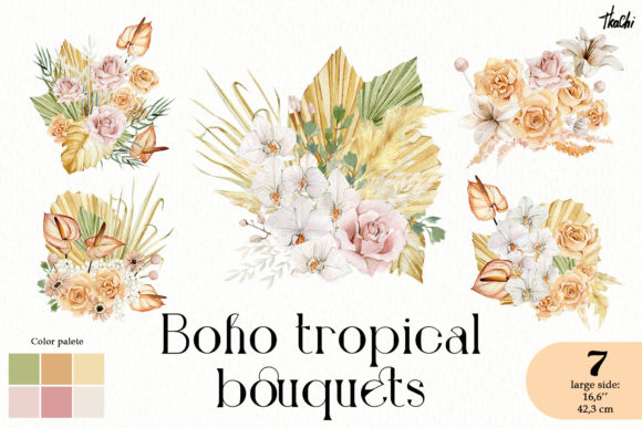 Watercolor Boho Floral Bouquet Png Illustrations