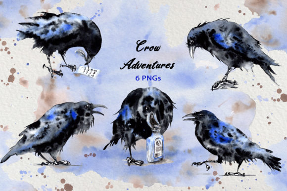 Watercolor Crow Collection Clip Art and Illustrations