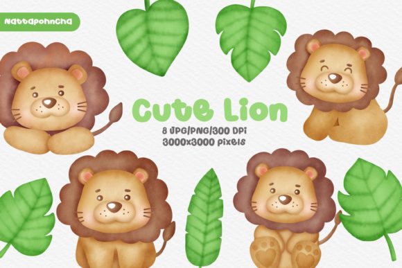 Watercolor Cute Cartoon Lion Clipart and Illustrations