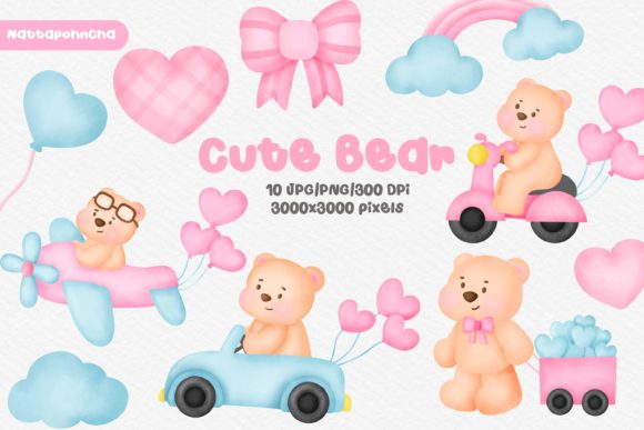 Watercolor Cute Teddy Bear Png Clipart and Illustrations