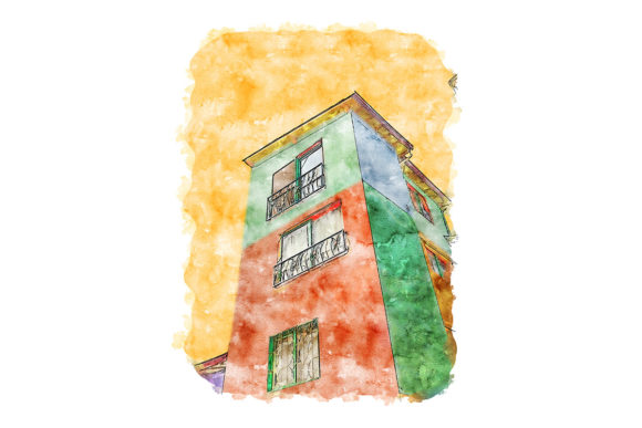 Watercolor Drawing of Colorful House and Illustrations