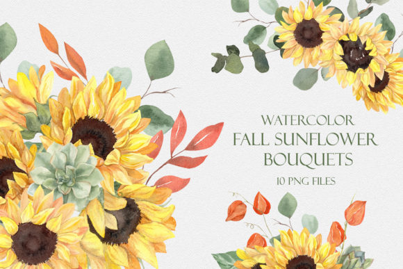 Watercolor Fall Sunflower Bouquets Illustrations