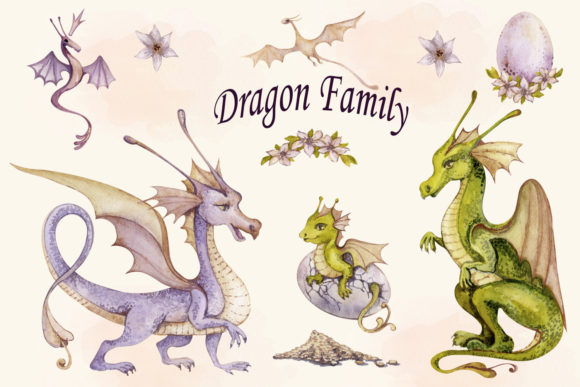 Watercolor Gragon Family Clipart Set and Illustrations