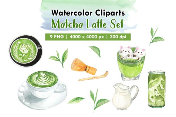 Watercolor Matcha Latte Illustrations