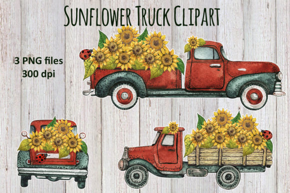 Watercolor Sunflower Rusty Truck Illustrations